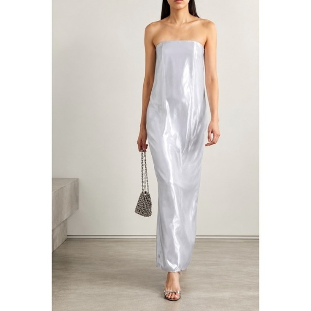 STAUD Casey Strapless Maxi Dress Silk Metallic Gown in Silver